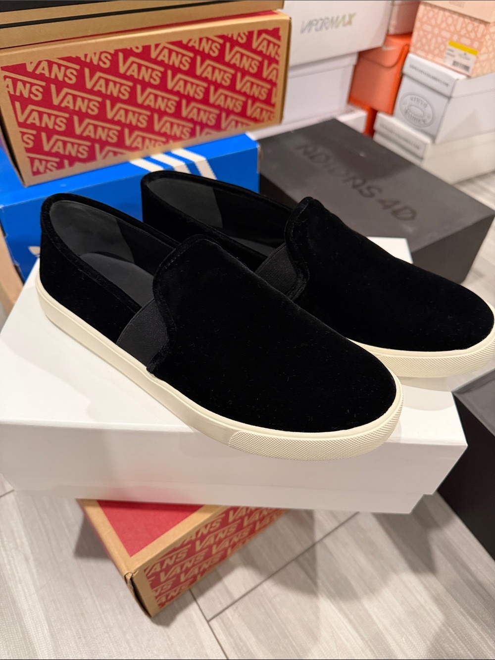 Vince Black Velvet Slip-On Sneakers with Cream Sole